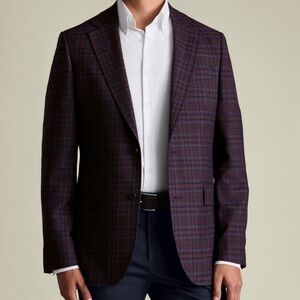Charles Tyrwhitt Burgundy check lightweight wool texture slim fit jacket 38R
